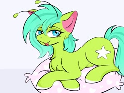 Size: 1024x768 | Tagged: safe, imported from derpibooru, oc, oc only, oc:starzie, alien, alien pony, female, gift art, pillow, solo, tongue out