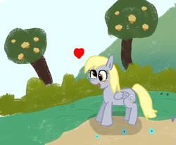 Size: 1491x1230 | Tagged: safe, anonymous artist, imported from derpibooru, derpy hooves, pegasus, pony, female, folded wings, happy, heart, mare, open mouth, open smile, outdoors, smiling, solo, tree, wings