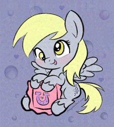 Size: 1984x2192 | Tagged: safe, artist:amynewblue, imported from derpibooru, derpy hooves, pegasus, pony, blonde hair, blushing, cross-eyed, holiday, pillow, signature, simple background, sitting, solo, spread wings, tongue out, valentine's day, wings