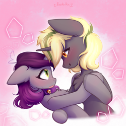 Size: 3000x3000 | Tagged: safe, artist:persikulka, imported from derpibooru, oc, oc only, pony, unicorn, bipedal, blushing, chest fluff, duo, female, horn, looking at each other, looking at someone, male, mare, shipping, smiling, stallion, unicorn oc