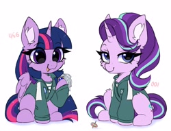 Size: 4096x3133 | Tagged: safe, artist:pesty_skillengton, imported from derpibooru, starlight glimmer, twilight sparkle, alicorn, unicorn, clothes, duo, duo female, ear fluff, female, horn, squid game, squid game 2, twilight sparkle (alicorn)