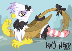 Size: 582x410 | Tagged: safe, artist:muffinz, imported from derpibooru, gilda, griffon, blushing, bow, bowtie, clothes, female, hair bow, lying down, prone, ribbon, socks, solo, striped socks, stupid sexy gilda, tail, tail bow