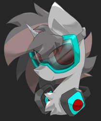 Size: 2900x3463 | Tagged: safe, artist:scarshine, imported from derpibooru, oc, oc only, oc:osoliang, unicorn, goggles, gray background, gray coat, headphones, high res, horn, male, side view, simple background, smiling