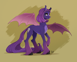 Size: 4693x3809 | Tagged: safe, artist:birdoffnorth, imported from derpibooru, oc, oc only, bat pony, pony, absurd resolution, bat pony oc, bat wings, chest fluff, ear fluff, ear tufts, grin, hock fluff, lidded eyes, raised hoof, smiling, solo, unshorn fetlocks, wings