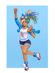 Size: 3000x4000 | Tagged: safe, artist:syedfaizart, imported from derpibooru, kotobukiya, rainbow dash, human, female, fist, goggles, goggles on head, grin, high res, humanized, kotobukiya rainbow dash, passepartout, raised arm, raised leg, smiling, solo