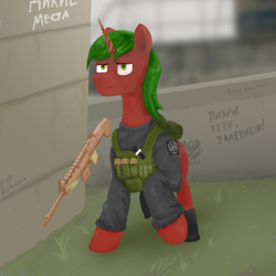 Size: 1000x1000 | Tagged: safe, artist:chgnk3r, imported from derpibooru, oc, oc:clockwork device, pony, unicorn, armor, clothes, detailed background, green eyes, gun, horn, lineless, magic, military uniform, uniform, weapon