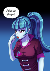 Size: 1683x2382 | Tagged: safe, artist:syedfaizart, imported from derpibooru, sonata dusk, human, equestria girls, breasts, busty sonata dusk, eyelid pull, female, gradient background, pun, solo, speech bubble, tongue out