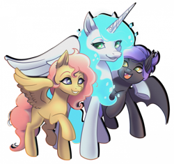 Size: 1200x1128 | Tagged: safe, artist:byefella, imported from derpibooru, oc, oc only, oc:misty nights, oc:pixel wavelength, oc:sunshine serenade, alicorn, bat pony, pegasus, alicorn oc, bat pony oc, bat wings, canterlot avenue, ethereal mane, ethereal tail, height difference, horn, horn markings, hug, pegasus oc, poniverse, tail, underhoof, wings