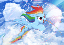 Size: 3508x2480 | Tagged: safe, artist:neoshrek, imported from derpibooru, rainbow dash, pony, unicorn, cloud, female, flying, horn, mare, open mouth, rainbow tail, solo, tail