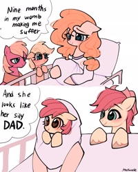 Size: 1638x2048 | Tagged: safe, artist:petaltwinkle, imported from derpibooru, apple bloom, applejack, big macintosh, bright mac, pear butter, earth pony, pony, 2 panel comic, baby, baby apple bloom, bed, blanket, clothes, colt, comic, female, filly, foal, freckles, hair tie, heart, heart eyes, holding, long sleeved shirt, long sleeves, male, mare, meme, pillow, ponified meme, shirt, signature, simple background, smiling, speech bubble, stallion, unshorn fetlocks, white background, wingding eyes, yoke, younger