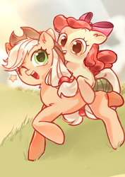 Size: 2480x3508 | Tagged: safe, artist:izuchi, imported from derpibooru, apple bloom, applejack, earth pony, pony, ;d, apple bloom riding applejack, apple sisters, bandage, bandaged leg, blushing, bow, duo, duo female, female, filly, foal, full body, grass, hair bow, hair tie, hat, mare, one eye closed, open mouth, open smile, outdoors, ponies riding ponies, riding, riding a pony, siblings, sisters, smiling, stars, tail tie, teary eyes, wink