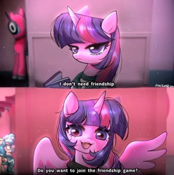 Size: 1143x1148 | Tagged: safe, artist:petaltwinkle, imported from derpibooru, cozy glow, twilight sparkle, alicorn, pegasus, pony, unicorn, 2 panel comic, angry, blurry background, book, clothes, comic, fangs, female, filly, foal, horn, looking at you, mare, mask, meme, ponified meme, scowl, shirt, signature, solo focus, squid game, squid game 2, text, tracksuit, twilight sparkle (alicorn)