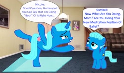 Size: 4500x2665 | Tagged: safe, artist:memeartboi, imported from derpibooru, pegasus, pony, unicorn, balancing, ballerina, ballet, carpet, colt, confused, cute, duo, duo male and female, female, foal, grin, gumball watterson, heart, horn, indoors, little boy, male, mare, mother, mother and child, mother and son, nicole watterson, open mouth, pegasus wings, ponified, smiling, speech bubble, spread wings, standing, text, the amazing world of gumball, unicorn horn, wings