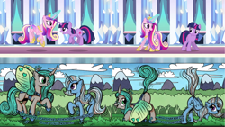 Size: 3840x2160 | Tagged: safe, imported from derpibooru, princess cadance, queen chrysalis, trixie, twilight sparkle, alicorn, insect, ladybug, comic:of kings and changelings, season 3, the crystal empire, duchess chrysalis, glowing, glowing horn, horn, magic, mirror universe, my little pony, reversalis, sunshine sunshine, wings