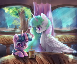 Size: 3000x2500 | Tagged: safe, artist:aquagalaxy, imported from derpibooru, princess celestia, twilight sparkle, alicorn, pony, unicorn, :t, backlighting, burger, cute, drink, eating, female, filly, filly twilight sparkle, foal, food, hay burger, horn, missing accessory, momlestia, smiling, twiabetes, twilight burgkle, younger