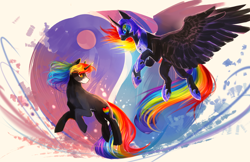 Size: 4636x3000 | Tagged: safe, artist:aquagalaxy, imported from derpibooru, nightmare moon, oc, pony, unicorn, flying, horn, yin-yang