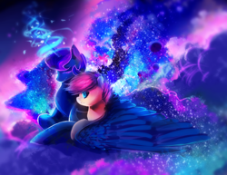 Size: 3000x2318 | Tagged: safe, artist:aquagalaxy, imported from derpibooru, princess luna, scootaloo, bat pony, pony, bat ponified, hug, lying down, magic, prone, race swap, scootabat, student of the night, winghug, wings