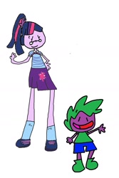 Size: 1030x1546 | Tagged: safe, imported from twibooru, sci-twi, spike, twilight sparkle, human, tumblr:mama twilight sparkle, equestria girls, boots, clothes, cutie mark, glasses, green shirt, human spike, humanized, image, kids, ms paint, needs more jpeg, open mouth, shoes, shorts, skirt, striped mane, waving