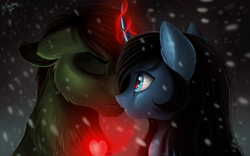 Size: 2529x1581 | Tagged: safe, artist:das_leben, imported from derpibooru, oc, oc only, pony, unicorn, black mane, blue coat, blue eyes, crying, eyes closed, female, green coat, heart, horn, magic, male, mare, shipping, snow, snowfall, stallion, straight