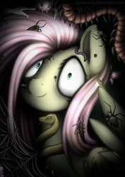 Size: 2480x3507 | Tagged: safe, artist:jadekettu, imported from derpibooru, fluttershy, bat, cockroach, insect, millipede, pegasus, pony, snake, spider, every little thing she does, black background, bug armor, creepy, cricket (insect), dark, female, fiducia compellia, hypnoshy, hypnosis, hypnotized, looking at you, my little pony, shrunken pupils, simple background, smiling, solo, spider web, wide eyes