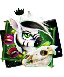 Size: 1929x2298 | Tagged: safe, artist:lailyren, imported from derpibooru, oc, oc only, pony, zebra, bust, crown, facial markings, female, frame, jewelry, plant, regalia, simple background, skull, solo, sundew, transparent background