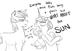 Size: 2866x2024 | Tagged: safe, artist:glacierclear, imported from derpibooru, princess cadance, shining armor, alicorn, pony, unicorn, angry, dialogue, faic, female, horn, male, mare, monochrome, open mouth, pluto (planet), princess bitchdance, princess cadense, sketch, stallion, too dumb to live, yelling