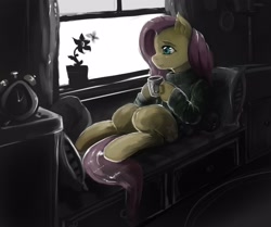 Size: 2852x2388 | Tagged: safe, artist:dozer, imported from derpibooru, fluttershy, butterfly, bottomless, clothes, cute, female, flower, fluffy, hoof hold, mug, nudity, partial nudity, sitting, smiling, solo, sweater, sweatershy, watching, window