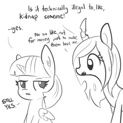 Size: 1650x1650 | Tagged: safe, artist:tjpones, imported from derpibooru, queen chrysalis, twilight sparkle, alicorn, changeling, changeling queen, pony, cute, cutealis, dialogue, duo, duo female, female, lineart, mare, monochrome, sketch, twilight sparkle (alicorn)