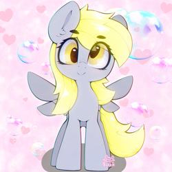 Size: 2048x2048 | Tagged: safe, artist:zokkili, imported from derpibooru, derpy hooves, pegasus, pony, bubble, eye clipping through hair, female, front view, heart, smiling, solo, spread wings, wings