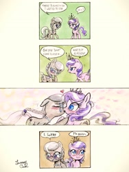 Size: 1536x2048 | Tagged: safe, artist:almaska, artist:ecmajor, imported from derpibooru, diamond tiara, silver spoon, earth pony, pony, tumblr:teatimetiara, blushing, comic, cute, dialogue, eyes closed, female, filly, floating heart, foal, heart, kissing, lesbian, shipping, silvertiara, toy ship