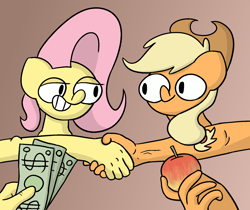 Size: 1612x1356 | Tagged: safe, artist:switchy, imported from derpibooru, applejack, fluttershy, anthro, earth pony, pegasus, apple, duo, female, food, gradient background, handshake, money, suddenly hands, wat