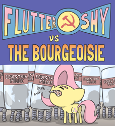 Size: 1639x1794 | Tagged: safe, artist:switchy, imported from derpibooru, fluttershy, pegasus, pony, barking, behaving like a dog, bourgeoisie, communism, female, floppy ears, flutterdog, hammer and sickle, mouthpiece, police, politics, riot shield, text