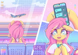 Size: 3508x2480 | Tagged: safe, artist:wavecipher, imported from derpibooru, fluttershy, pegasus, semi-anthro, adversarial noise, airport, cellphone, chair, clothes, crying, female, hoof hold, implied flutterdash, implied lesbian, implied rainbow dash, implied shipping, mare, open mouth, phone, plane, shirt, sitting, smartphone, smiling, solo, texting, vaporwave, wingding eyes