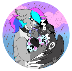 Size: 1280x1252 | Tagged: safe, artist:shamy-crist, imported from derpibooru, oc, oc only, oc:inky egg, oc:spiral, draconequus, pegasus, chocolate, chocolate rain, female, food, heart, male, mare, rain