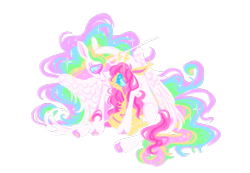 Size: 2047x1413 | Tagged: safe, artist:webkinzworldz, imported from derpibooru, fluttershy, princess celestia, alicorn, pegasus, pony, antenna, antennae, colored hooves, duo, ear fluff, female, flutterlestia, freckles, freckleshy, hooves, horn, hug, lesbian, long horn, looking at each other, looking at someone, mare, shipping, simple background, sitting, transparent background, winghug, wings