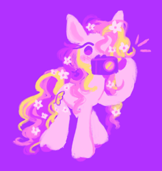 Size: 1726x1822 | Tagged: safe, artist:webkinzworldz, imported from derpibooru, fluttershy (g3), earth pony, pony, blush scribble, blushing, camera, colored hooves, eyestrain warning, flower, flower in hair, g3, hooves, looking at you, purple background, purple eyes, simple background, solo, standing, taking a photo