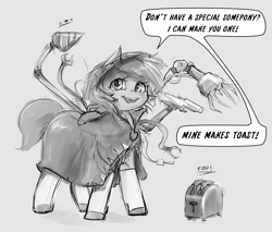 Size: 3797x3233 | Tagged: safe, artist:mod-of-chaos, imported from derpibooru, oc, oc only, oc:little beam, earth pony, pony, adeptus mechanicus, bread, claw, cloak, clothes, crossover, cute, drill, food, holiday, lidded eyes, monochrome, open mouth, sketch, smiling, techpriest, toast, toaster, valentine, valentine's day, warhammer (game), warhammer 40k