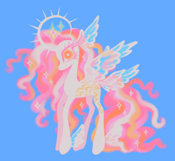 Size: 1784x1642 | Tagged: safe, artist:webkinzworldz, imported from derpibooru, princess celestia, alicorn, pony, alternate design, blue background, colored eyelashes, curved horn, ethereal hair, ethereal mane, ethereal tail, eyestrain warning, horn, leg wings, looking at you, multiple wings, orange eyes, simple background, solo, sparkles, sparkly mane, sparkly tail, spiked horn, tail, transparent wings, wing ears, wings, yellow eyes