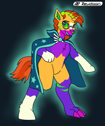 Size: 2000x2400 | Tagged: safe, artist:zeydaan, imported from derpibooru, sunburst, oc, oc:vivian, pony, unicorn, bipedal, blaze (coat marking), cloak, clothes, coat markings, facial markings, furry, furry oc, furry to pony, glasses, glowing outline, heterochromia, horn, male, mid-transformation, open mouth, socks (coat markings), solo, stallion, sunburst's cloak, transformation