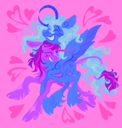 Size: 1960x2048 | Tagged: safe, artist:webkinzworldz, imported from derpibooru, princess luna, twilight sparkle, alicorn, classical unicorn, pony, unicorn, blush scribble, blushing, cloven hooves, coat markings, colored horn, curved horn, duo, ear fluff, eyes closed, facial markings, februpony, female, freckles, grin, heart, horn, intertwined tails, leonine tail, lesbian, mare, open mouth, pink background, shipping, simple background, smiling, spread wings, star (coat marking), tail, tail fluff, twiluna, unshorn fetlocks, wings