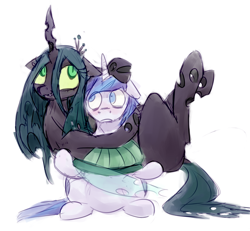 Size: 2308x2132 | Tagged: dead source, safe, artist:nobody, artist:oppa-homeless-style, imported from derpibooru, queen chrysalis, shining armor, changeling, changeling queen, pony, unicorn, bridal carry, carrying, female, frown, horn, wide eyes