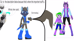 Size: 3818x2153 | Tagged: safe, artist:star153, imported from derpibooru, spike, twilight sparkle, anthro, dragon, human, wolf, advice, ask, belt, blue, boots, claws, clothes, denim, description, glooves, green, hair, help needed, hood down, hoodie, horn, image, jeans, jumper, khameleon, mask, mortal kombat, ninja, pants, photo, pointing, purple, read the description, reptilian, shirt, shoes, smoke, sonic oc, speech bubble, sword, tail, teeth, vest, weapon, zaterran