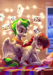 Size: 2007x2834 | Tagged: safe, artist:holivi, imported from derpibooru, oc, oc only, pegasus, pony, blushing, braid, commission, duo, female, lidded eyes, male, mare, smiling, stallion