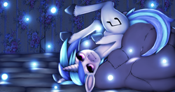 Size: 2000x1055 | Tagged: safe, artist:comickit, artist:oakmoviez, imported from derpibooru, dj pon-3, vinyl scratch, pony, unicorn, beanbag chair, female, glowing, horn, mare, solo