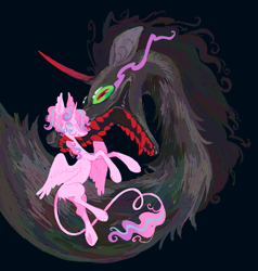 Size: 1953x2048 | Tagged: safe, artist:webkinzworldz, imported from derpibooru, king sombra, princess flurry heart, alicorn, ghost, pony, twinkle eyed pony, undead, unicorn, alternate design, alternate universe, big ears, black background, black mane, blaze (coat marking), blue eyes, butt fluff, coat markings, colored, colored eyelashes, colored horn, colored pinnae, colored sclera, colored teeth, colored underhoof, crystal eyes, curly mane, curly tail, curse, curved horn, duo, ear fluff, eyelashes, facial markings, fangs, female, flat colors, flying, gray coat, green sclera, hoof heart, horn, leonine tail, long horn, long legs, long mane, long neck, long tail, looking back, male, mare, multicolored mane, multicolored tail, open mouth, open smile, pink coat, ponytail, profile, purple eyelashes, red eyes, red eyes take warning, red teeth, sharp teeth, shiny eyes, shiny horn, shrunken pupils, simple background, size difference, slender, smiling, sombra eyes, sparkles, sparkly mane, spread wings, tail, tall ears, teenage flurry heart, teenager, teeth, thin, thin legs, this will not end well, tied mane, underhoof, unicorn horn, unsuspecting, wide eyes, wingding eyes, wings