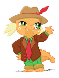 Size: 1213x1605 | Tagged: artist needed, safe, artist:anonymous, color edit, edit, imported from derpibooru, applejack, spike, dragon, clothes, colored, drawthread, fusion, male, requested art, solo, standing, tuxedo