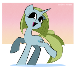 Size: 1943x1738 | Tagged: safe, artist:syrupyyy, imported from derpibooru, oc, oc only, pony, unicorn, female, horn, looking at you, mare, open mouth, open smile, raised hoof, raised leg, smiling, smiling at you, solo, standing on two hooves, unicorn oc