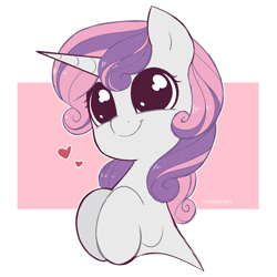 Size: 1601x1601 | Tagged: safe, artist:syrupyyy, imported from derpibooru, sweetie belle, pony, unicorn, abstract background, big eyes, bust, cute, daaaaaaaaaaaw, diasweetes, dilated pupils, eyelashes, female, filly, floating heart, foal, happy, heart, hnnng, hooves to the chest, horn, smiling, solo, sweet dreams fuel, syrupyyy is trying to murder us, weapons-grade cute