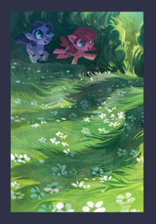 Size: 1618x2309 | Tagged: safe, artist:holivi, imported from derpibooru, oc, oc only, oc:bender watt, oc:holivi, alicorn, earth pony, pony, alicorn oc, duo, female, flower, grass, holiwatt, horn, male, oc x oc, scenery, shipping, straight, wings