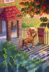 Size: 2342x3444 | Tagged: safe, artist:holivi, imported from derpibooru, oc, oc only, earth pony, pony, building, commission, cottagecore, door, mailbox, male, scenery, solo, stallion